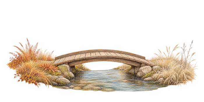 小川にかかる小さな木の橋の絵