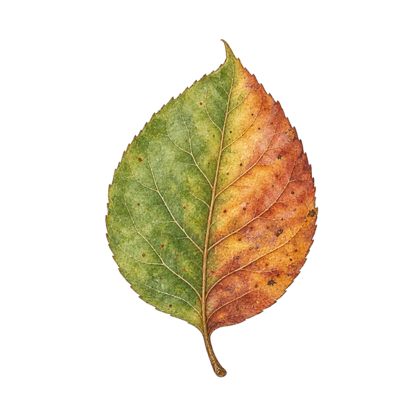半分は緑、半分は紅葉しはじめた1枚の葉の絵