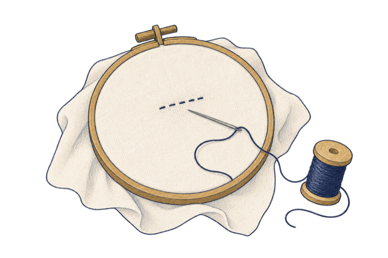 刺しゅう枠にはった布と、針と糸の絵